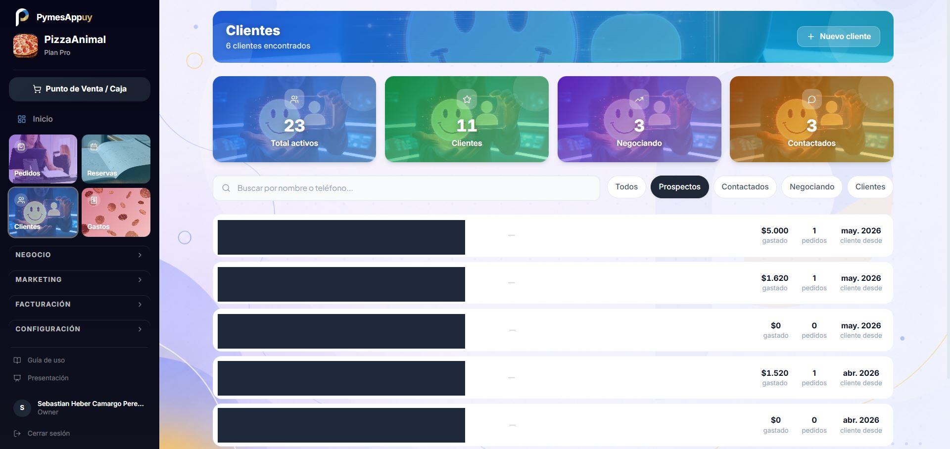 Base de clientes con pipeline CRM en PymesAppUy