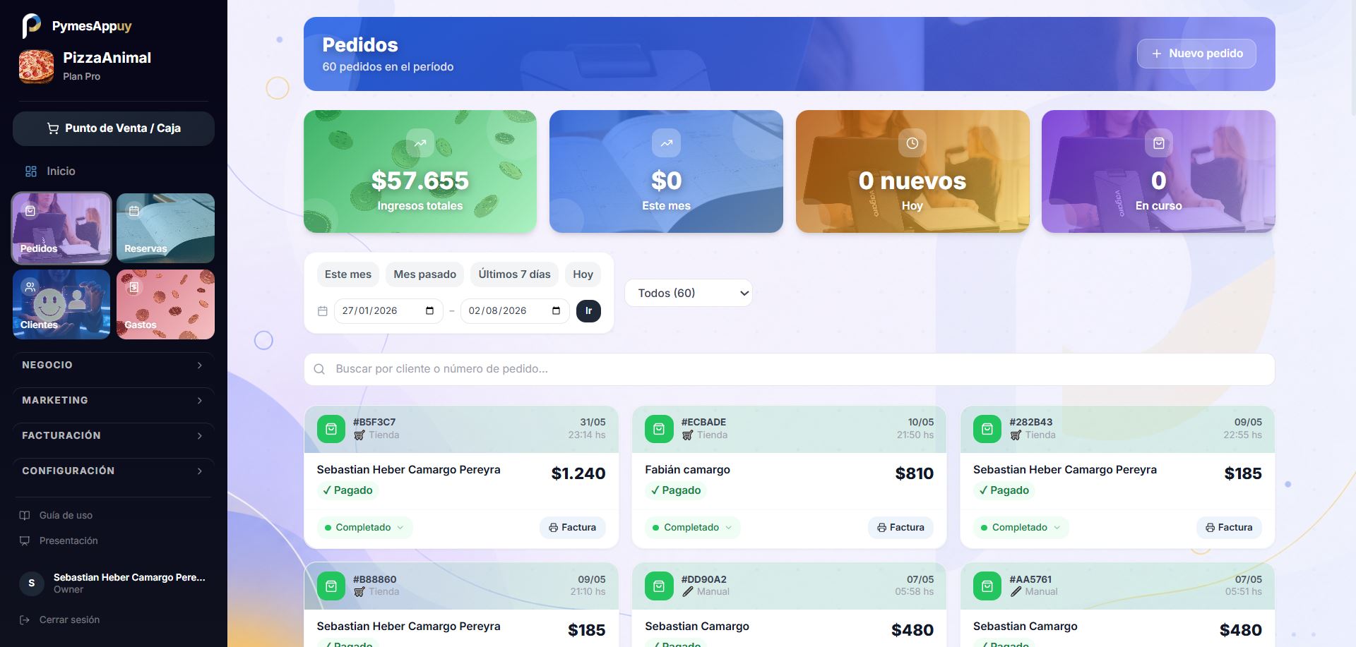 Listado de pedidos en el dashboard de PymesAppUy