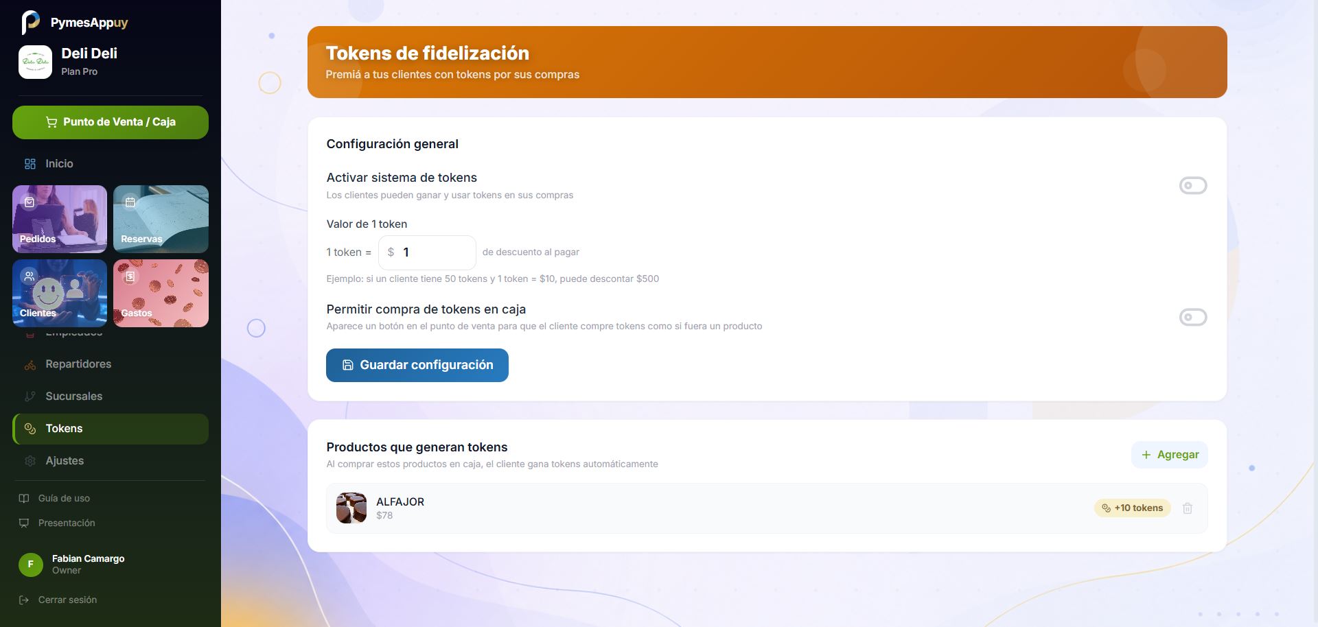 Configuración del sistema de tokens de fidelización en PymesAppUy